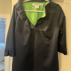 Gretchen Scott Navy and Green Blouse with 3/4 Sleeves and ruffle collar
